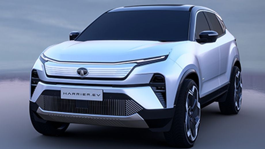 Front three-quarter view of a Pristine White Tata Harrier EV