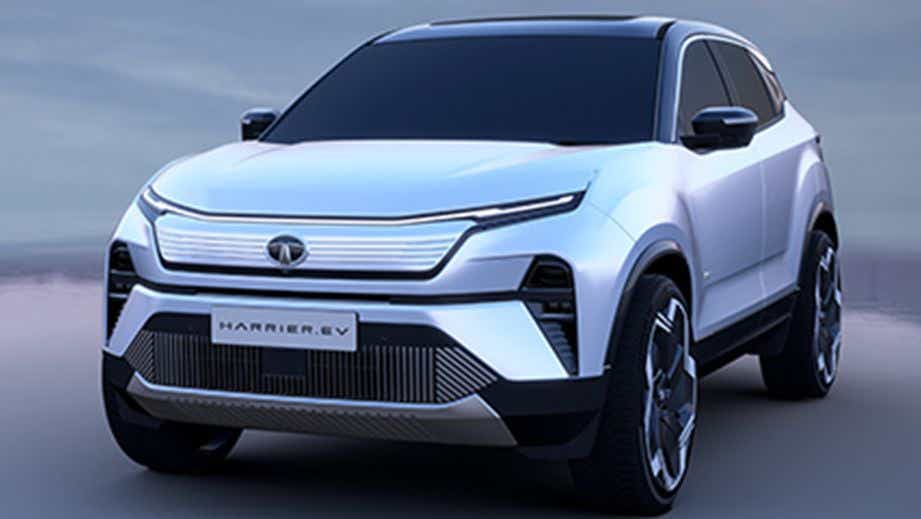 Front three-quarter view of a Pristine White Tata Harrier EV