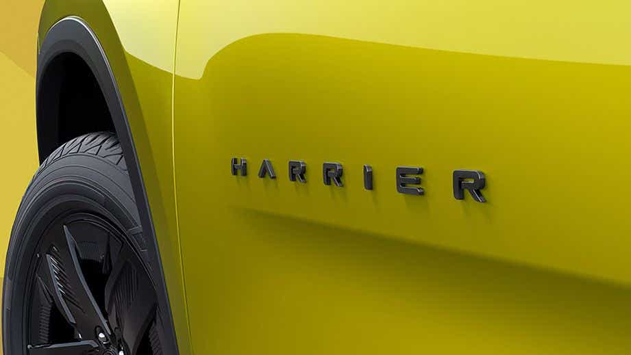 rear wheel and door badge view of a Tata Harrier
