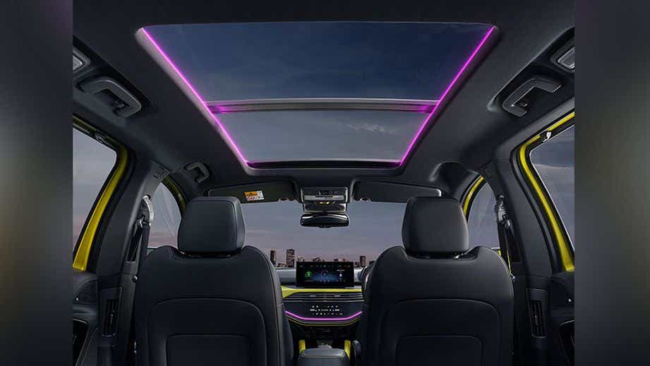 Panoramic sunroof and dashboard view of a Tata Harrier