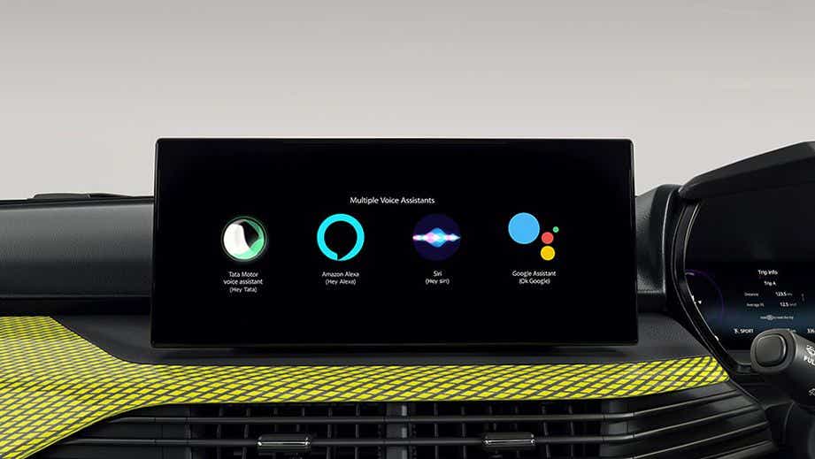 Interior dashboard screen with voice assistants of a Tata Harrier