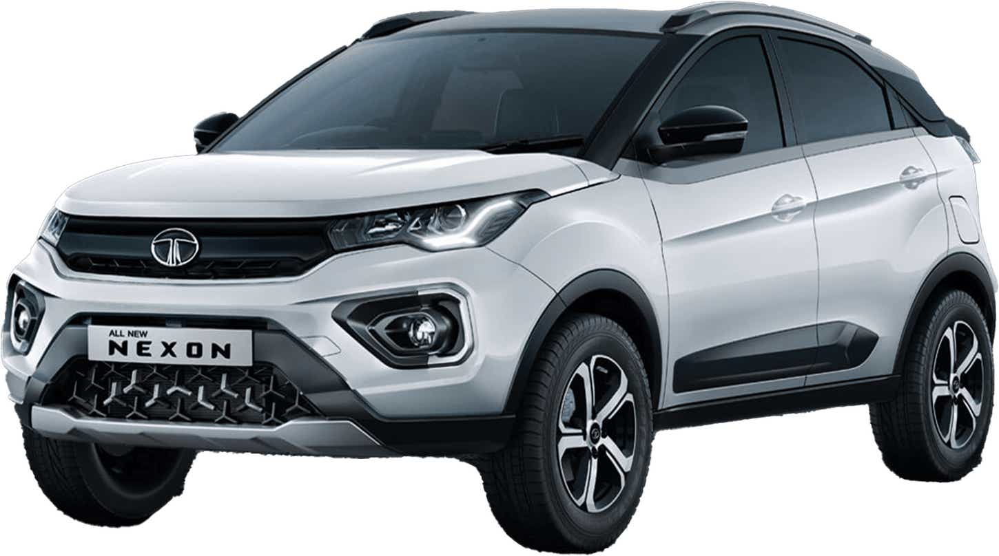 Front three-quarter view of a Calgary White Tata Nexon 2017-2023