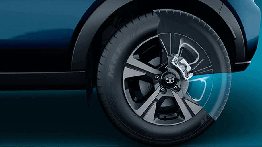Front wheel and brake detail of a Tata Nexon EV Max