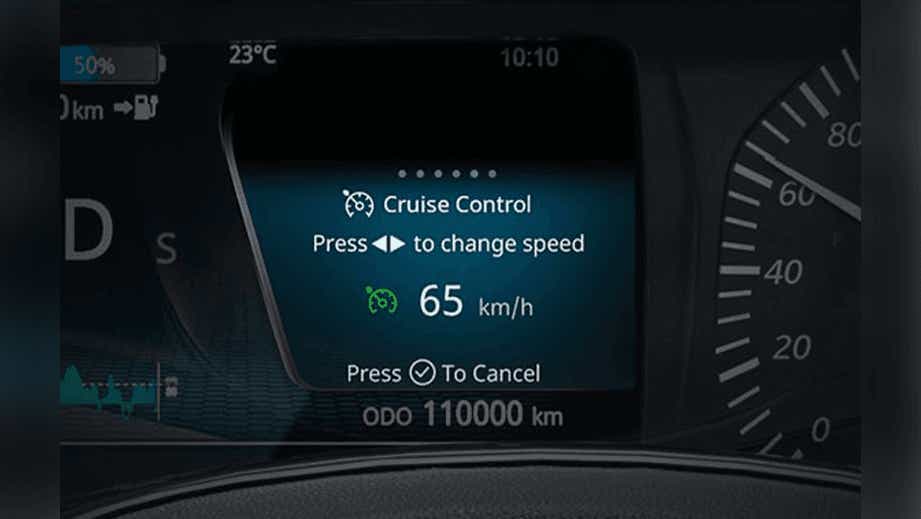 Instrument cluster display showing cruise control set speed of a Tata Nexon EV Prime