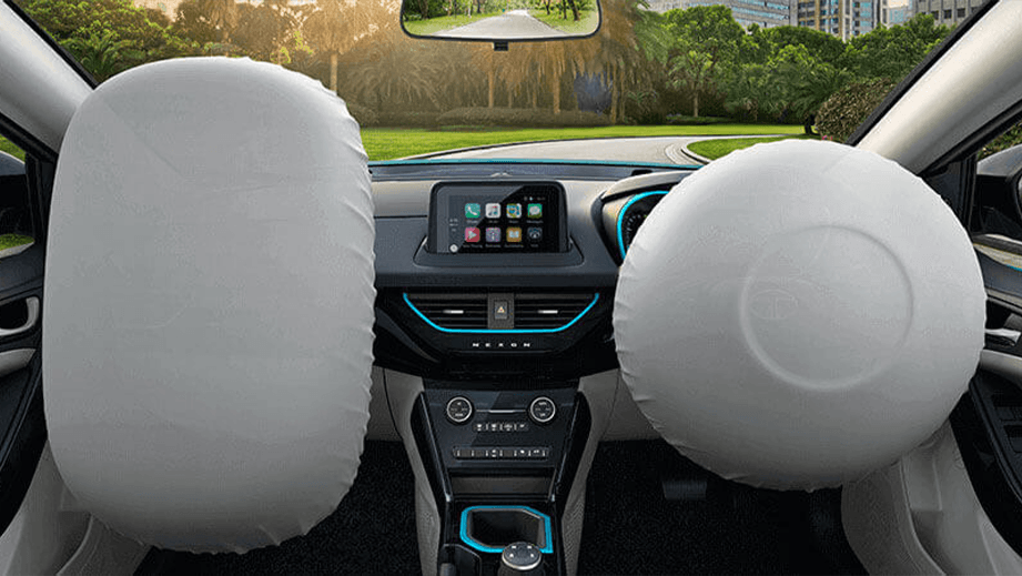 interior dashboard view of a Tata Nexon EV Prime with airbags deployed