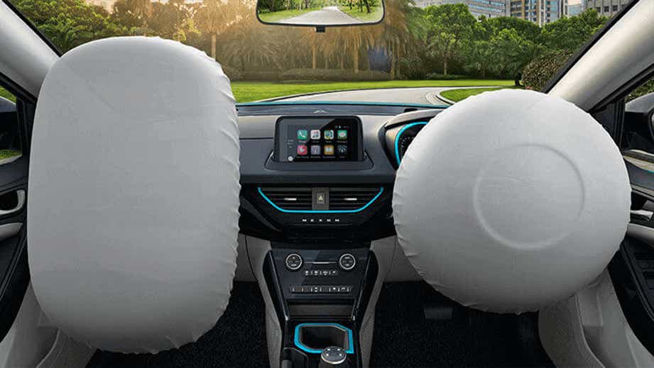 interior dashboard view of a Tata Nexon EV Prime with airbags deployed