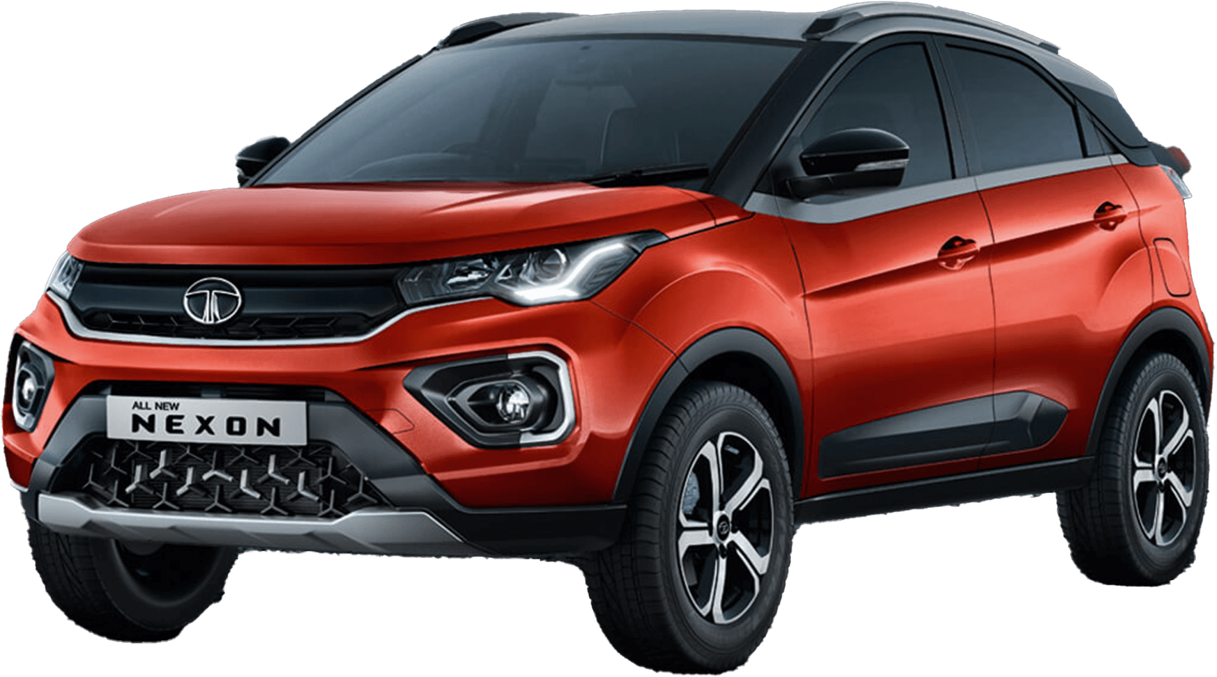 front three-quarter view of a Flame Red Tata Nexon 2017-2023