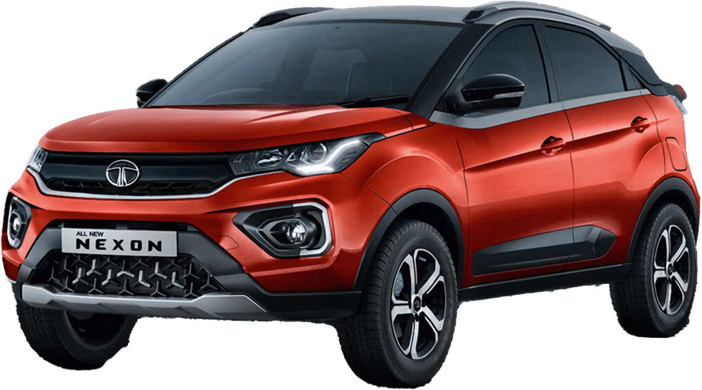 front three-quarter view of a Flame Red Tata Nexon 2017-2023