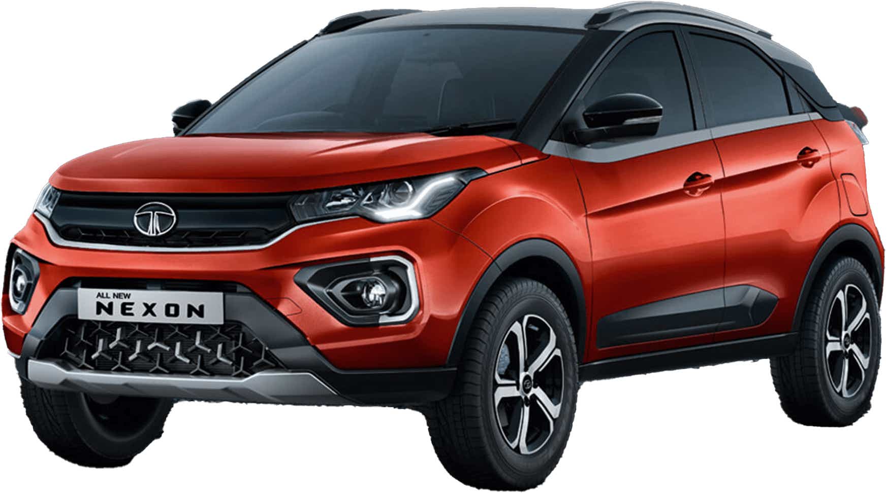 front three-quarter view of a Flame Red Tata Nexon 2017-2023