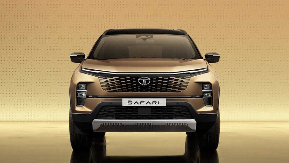Front view of a Cosmic Gold Tata Safari