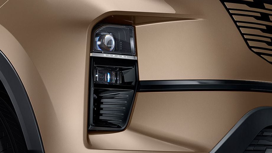 Headlight close-up of a Tata Safari