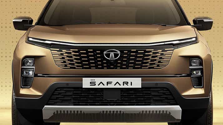 Front view of a Cosmic Gold Tata Safari