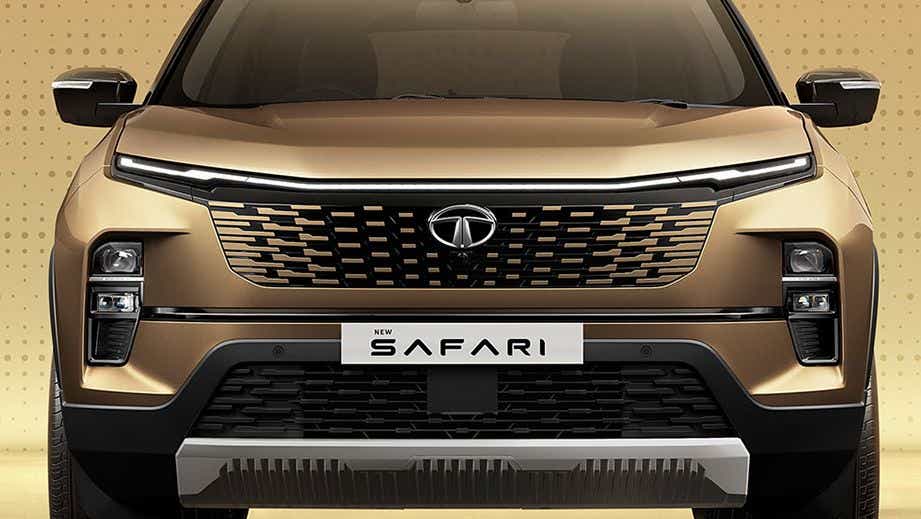 Front view of a Cosmic Gold Tata Safari