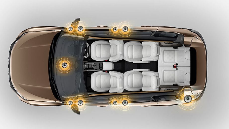 top interior view of a Tata Safari highlighting speaker locations
