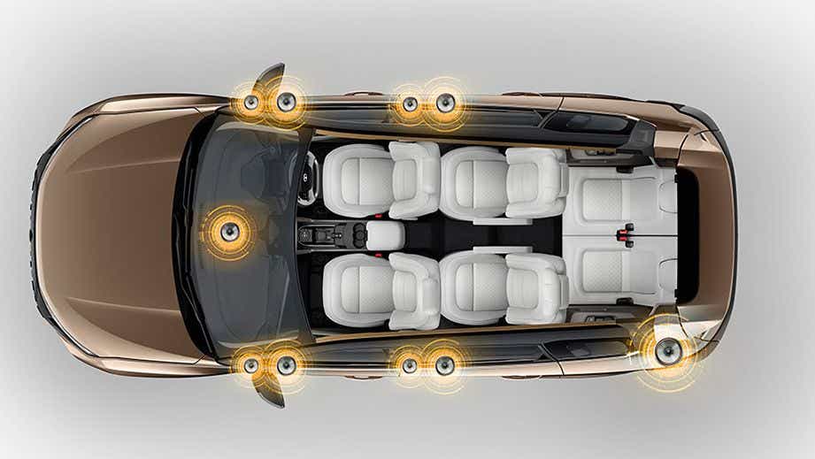 top interior view of a Tata Safari highlighting speaker locations