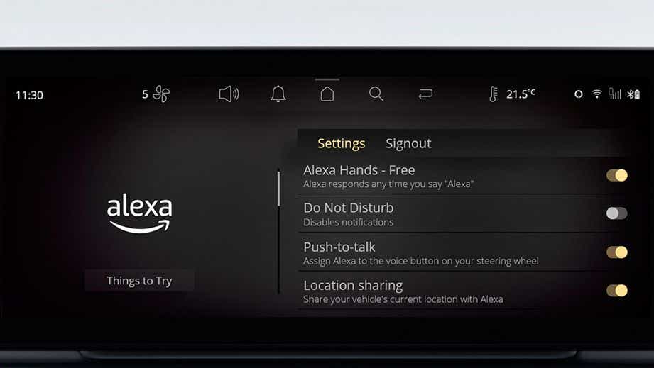 Infotainment system display featuring Alexa settings of a Tata Safari