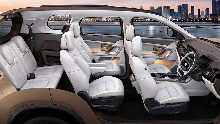 interior side profile showing all three seat rows of a Tata Safari