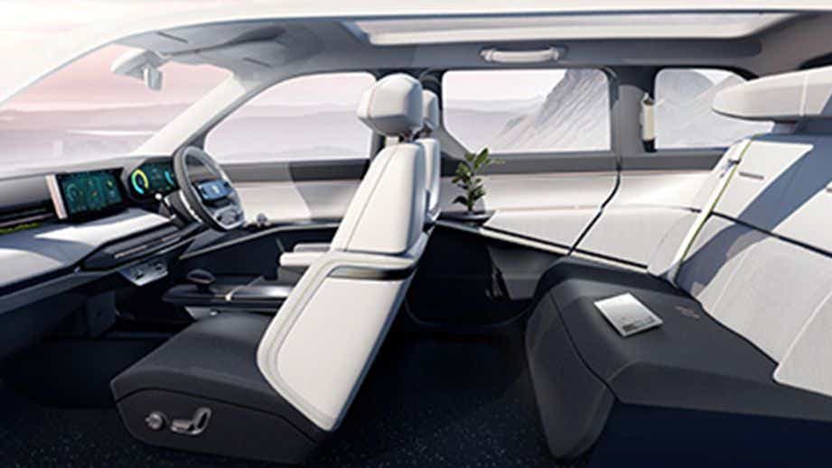 interior dashboard and front seats of a Stardust Ash Tata Sierra EV