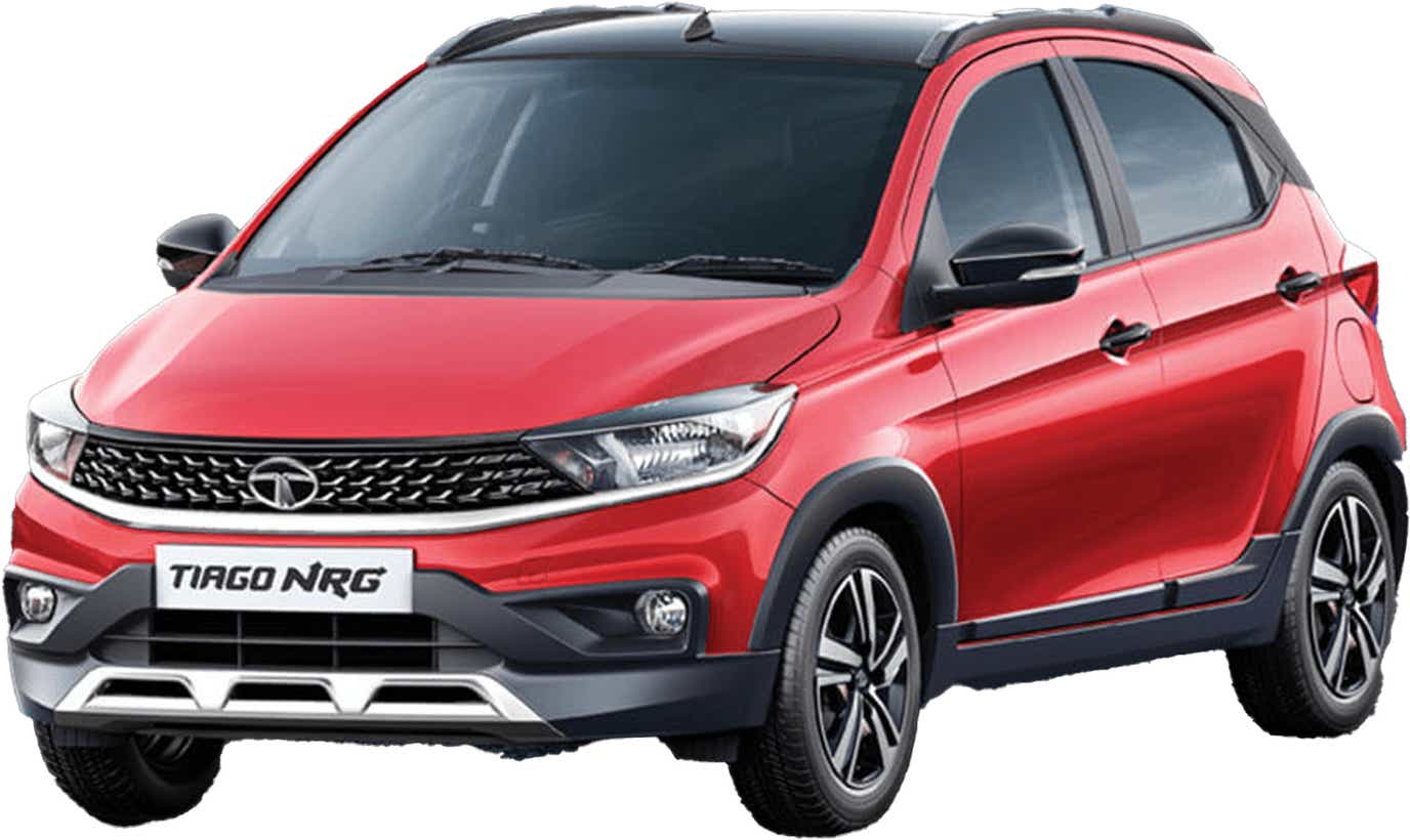 Front three-quarter view of a Fire Red Tata Tiago NRG