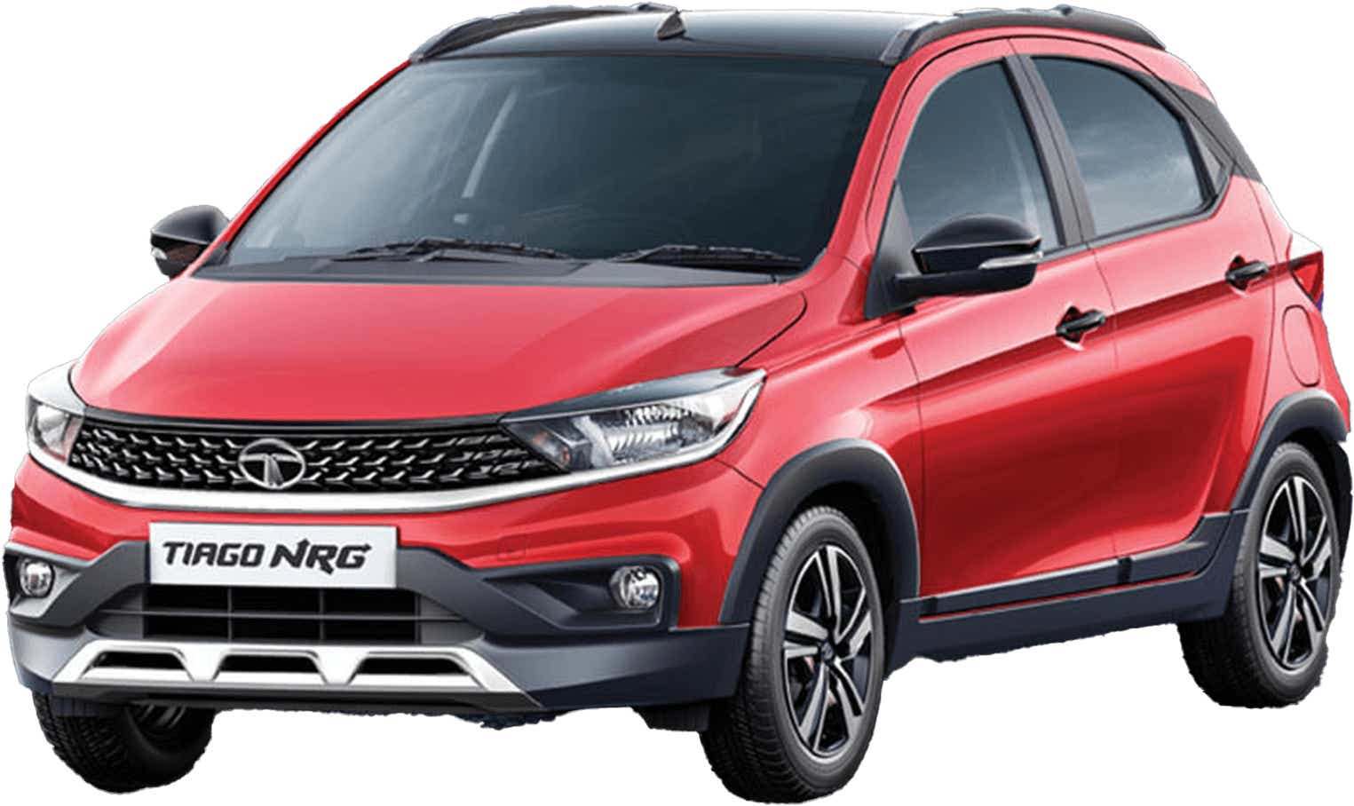 Front three-quarter view of a Fire Red Tata Tiago NRG