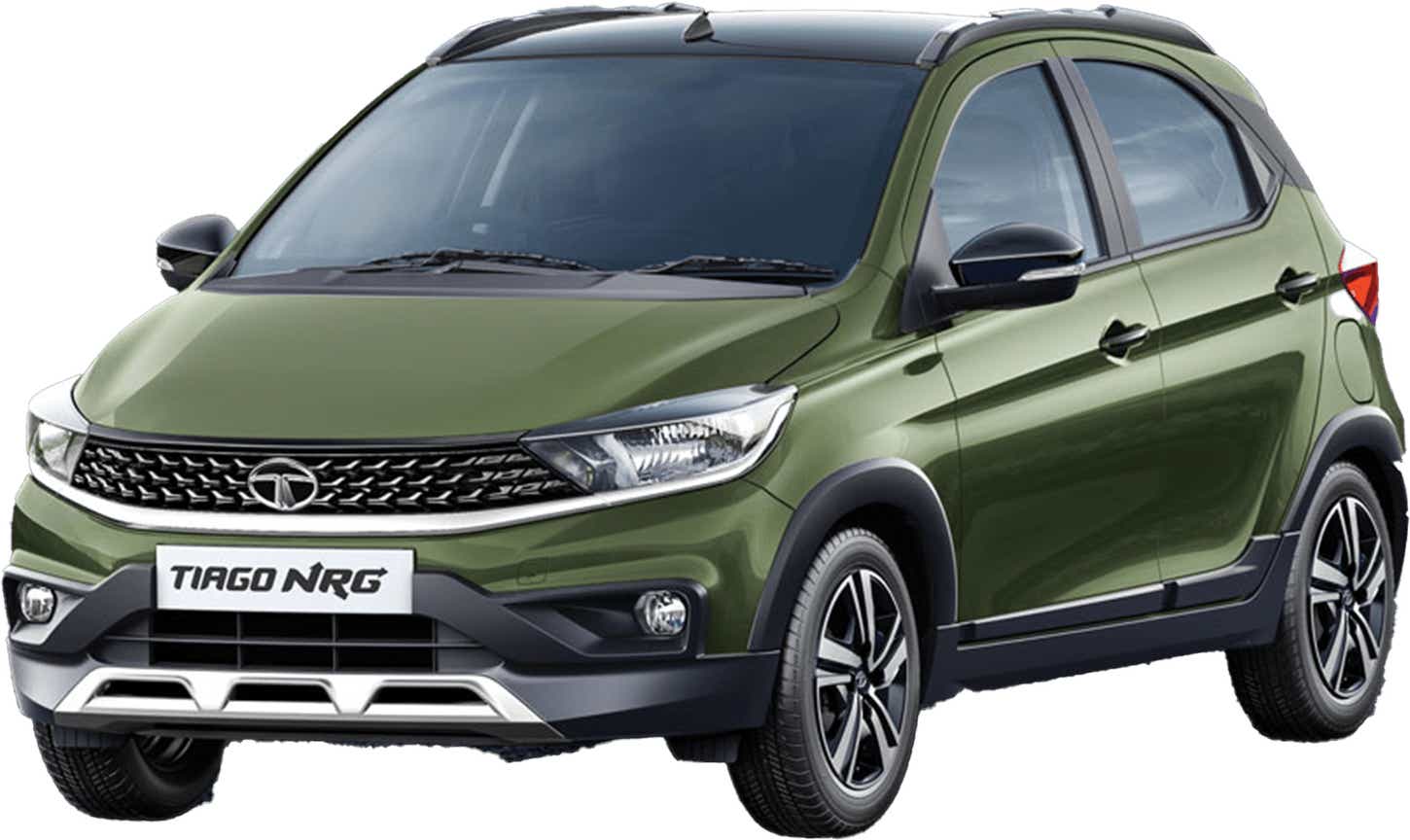 Front three-quarter view of a Forest Green Tata Tiago NRG