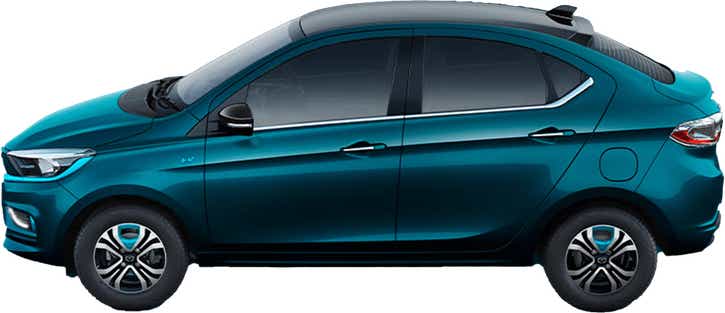 side view of a Signature Teal Blue Tata Tigor EV