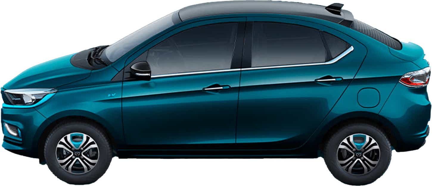 side view of a Signature Teal Blue Tata Tigor EV