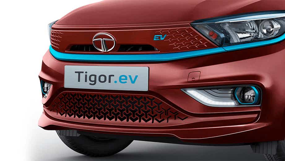 front view of a Magnetic Red Tata Tigor EV
