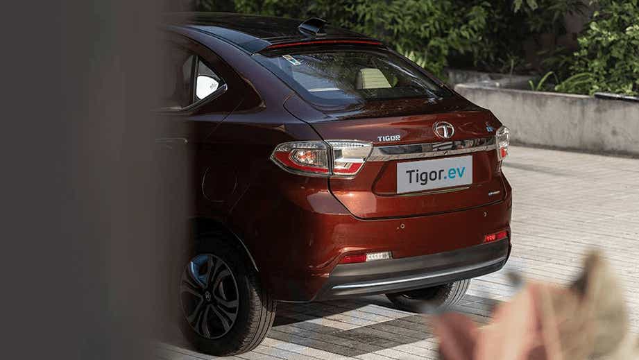 rear three-quarter of a Tata Tigor EV
