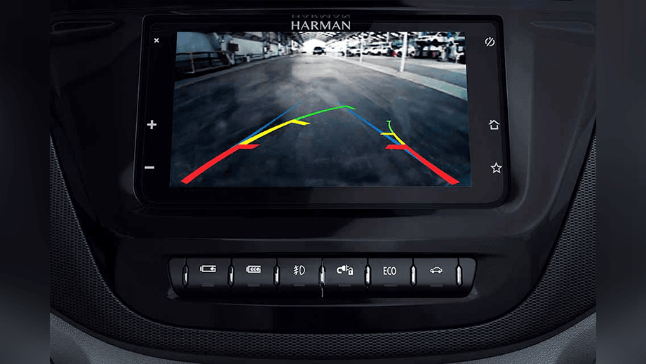reverse camera screen and dashboard controls of a Tata Tigor EV