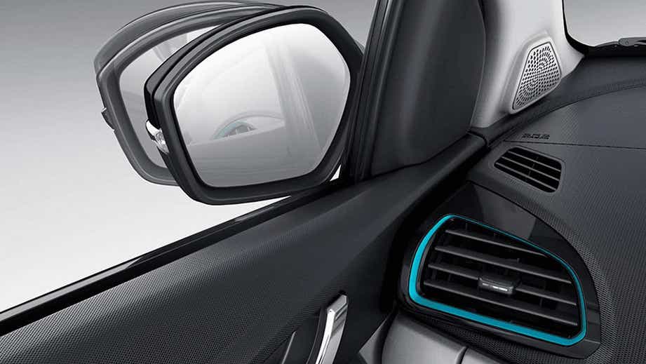 Front interior door panel and side mirror of a Tata Tigor EV