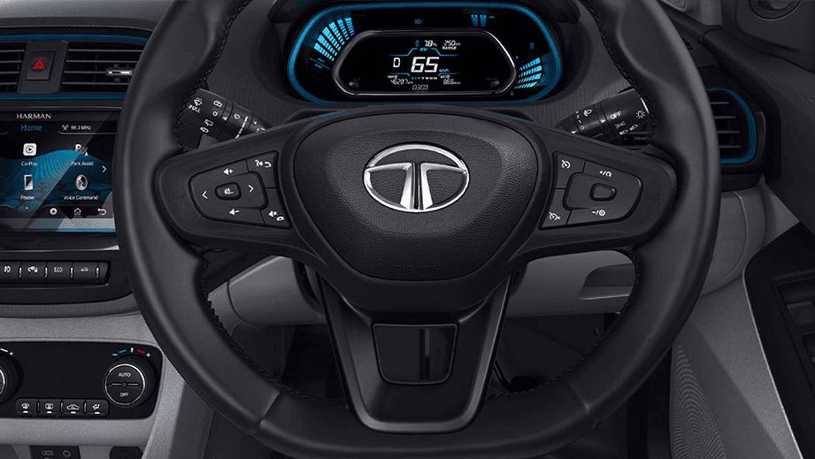 Steering wheel and dashboard of a Tata Tigor EV