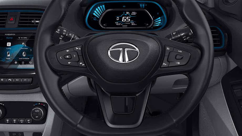 Steering wheel and dashboard of a Tata Tigor EV