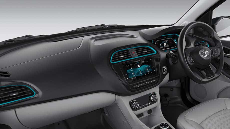 dashboard and interior view of a Tata Tigor EV