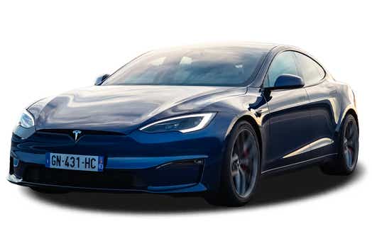 front three-quarter view of a Deep Blue Metallic Tesla Model S