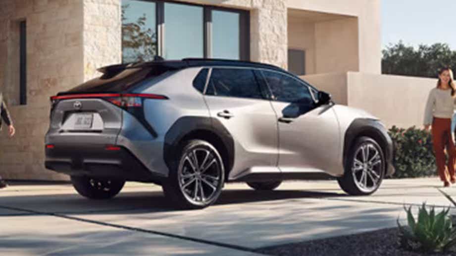 rear three-quarter view of a Wind Chill Pearl Toyota bZ4X