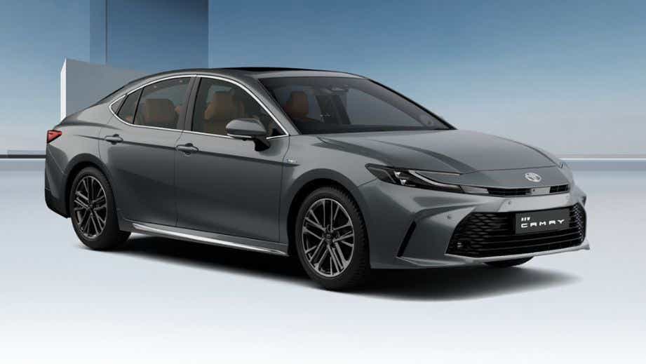 front three-quarter view of a Cement Grey Toyota Camry