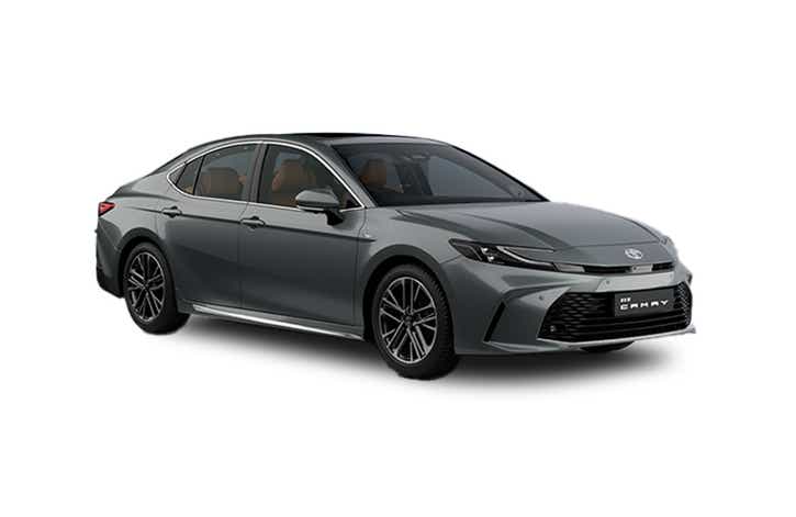front three-quarter view of a Cement Grey Toyota Camry