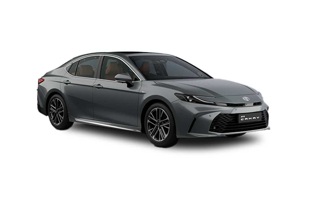 front three-quarter view of a Cement Grey Toyota Camry
