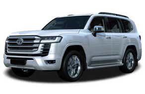 front three-quarter view of a Precious White Pearl Toyota Land Cruiser 300