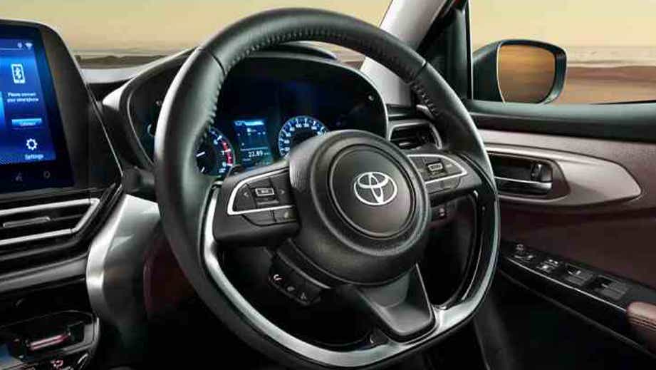 Interior dashboard and steering wheel of a Toyota Urban Cruiser Taisor