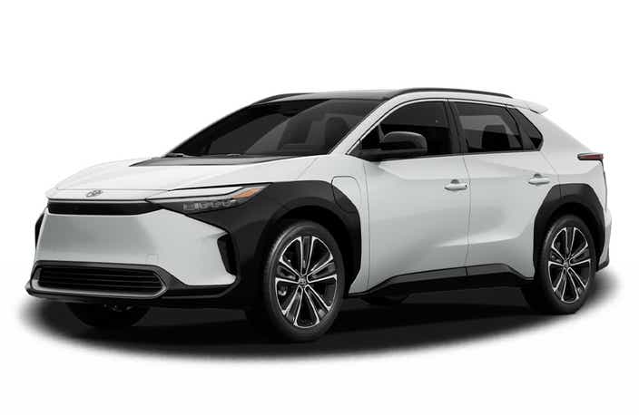 front three-quarter view of a Wind Chill Pearl Toyota bZ4X
