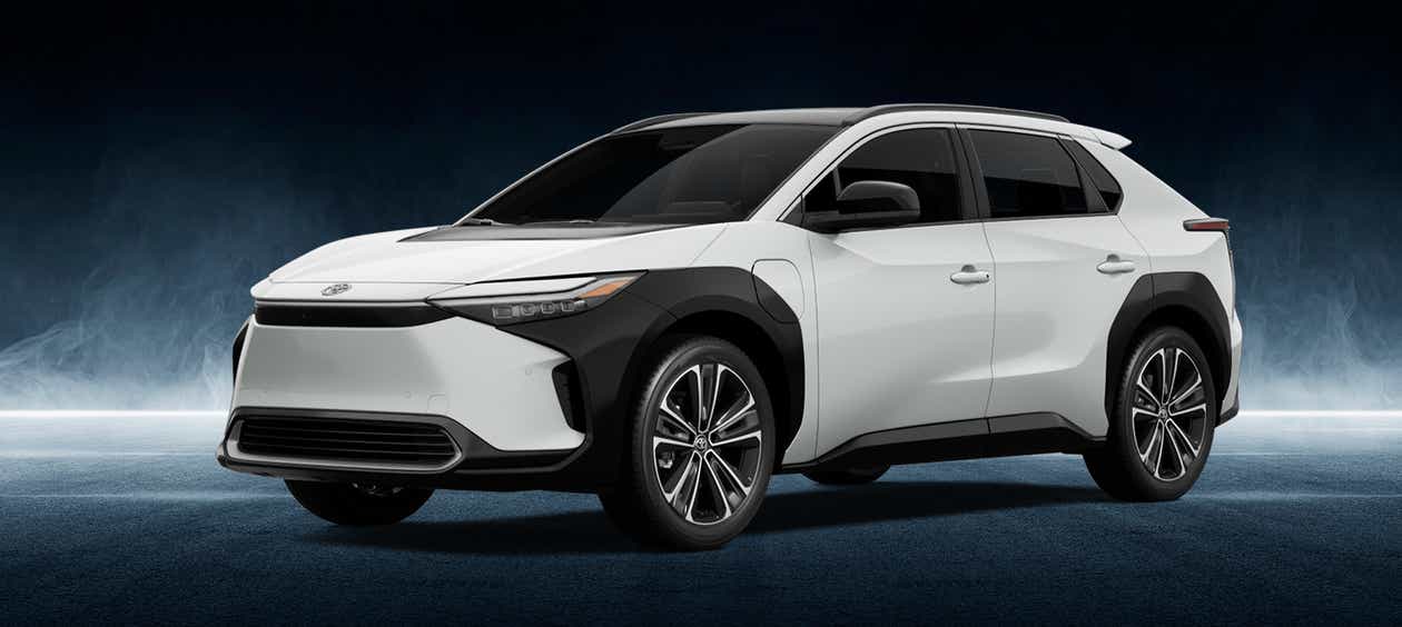 front three-quarter view of a Wind Chill Pearl Toyota bZ4X