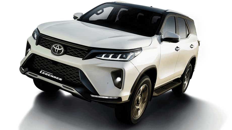 front three-quarter of a Platinum White Pearl Toyota Fortuner Legender