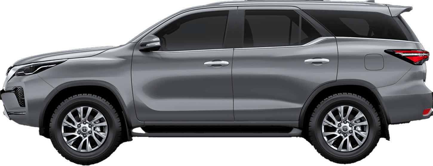 side profile of a Silver Metallic Toyota Fortuner