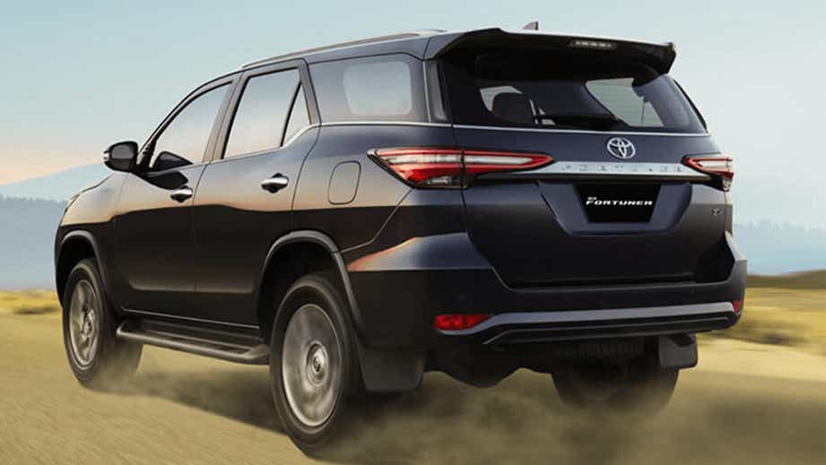 rear three-quarter of a Toyota Fortuner