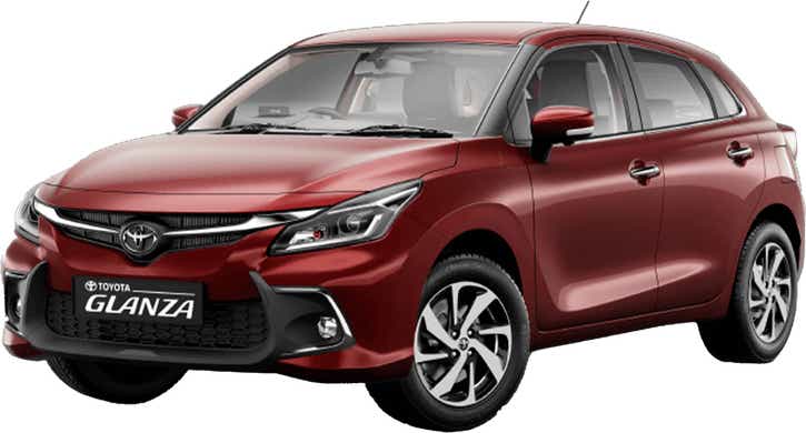 front three-quarter view of a Sportin Red Toyota Glanza