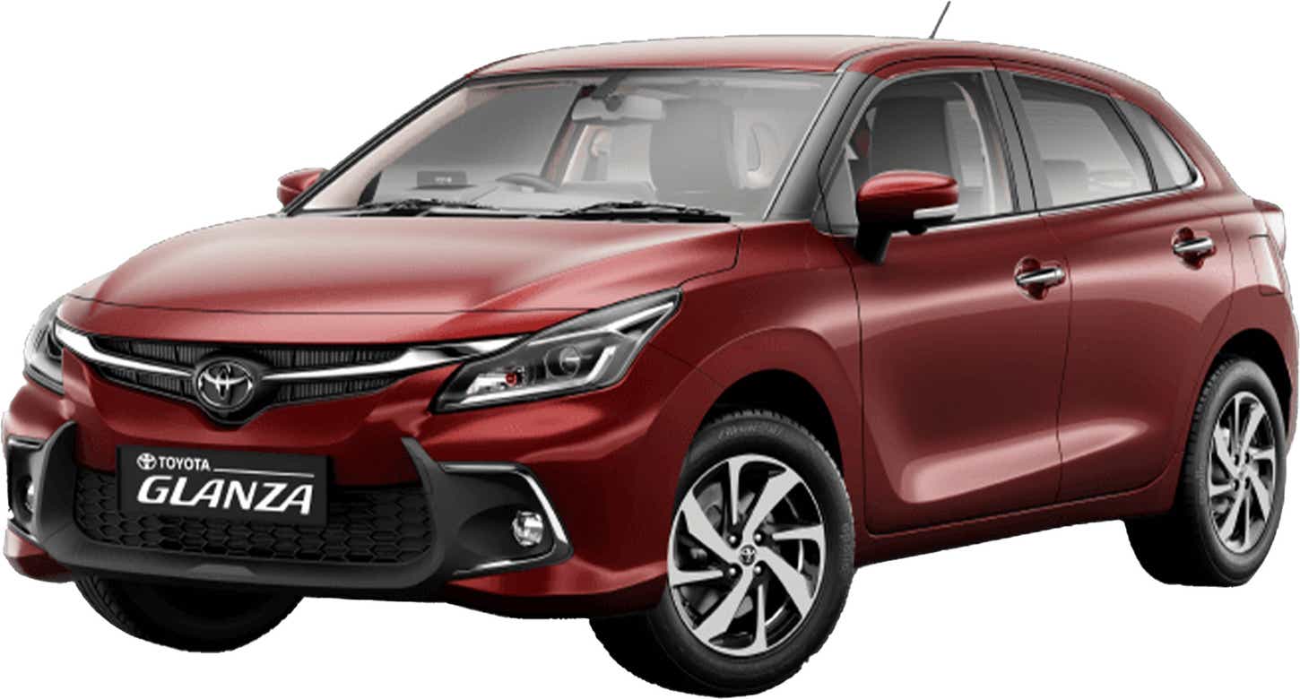 front three-quarter view of a Sportin Red Toyota Glanza