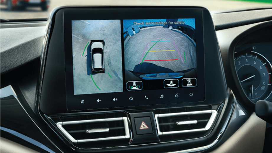 Infotainment screen view showing rear camera display of a Toyota Glanza