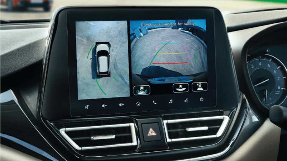 Infotainment screen view showing rear camera display of a Toyota Glanza